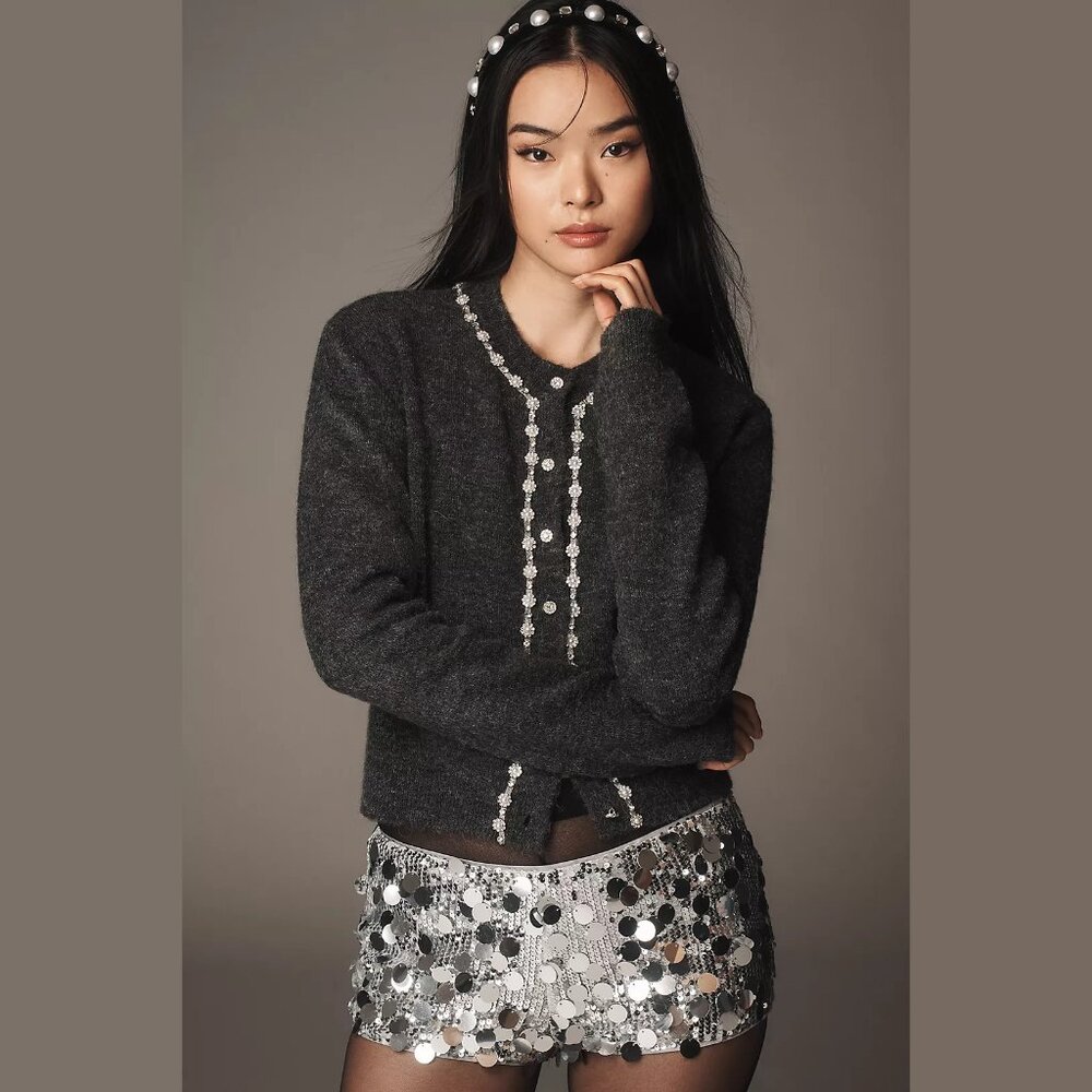 NEW Size XL Maeve Embellished Crew-Neck Cardigan Sweater - Grey